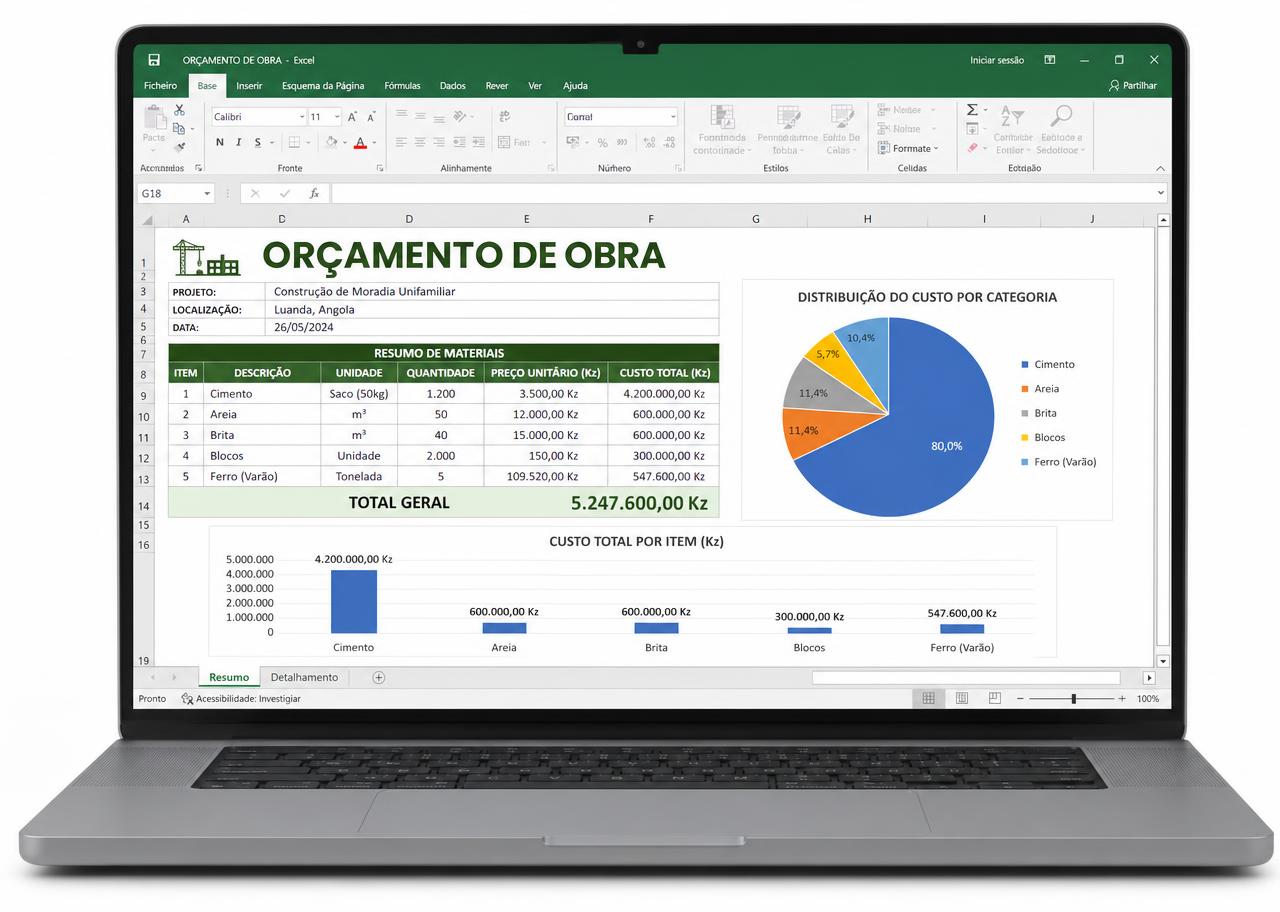 Planilha de orçamento de obras aberta no Excel com tabela de custos e gráficos